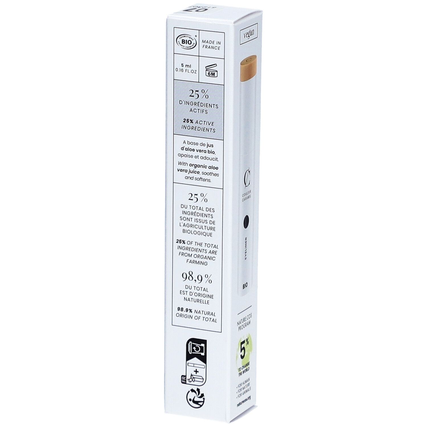 Rückseite der Verpackung. Text: 25% aktive Inhaltsstoffe, 25% aus Bio-Anbau, 98,9% natürlichen Ursprungs. Mit Bio-Zertifizierung.