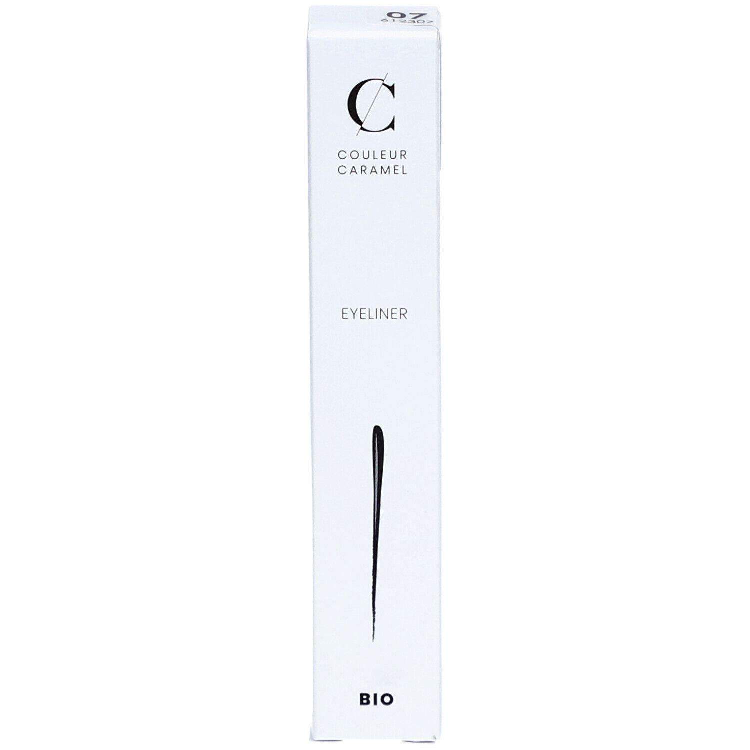Weiße Verpackung mit schwarzem Eyeliner-Strich. Marke: COULEUR CARAMEL. Text: Eyeliner, BIO. Mit Bio-Zertifizierung.