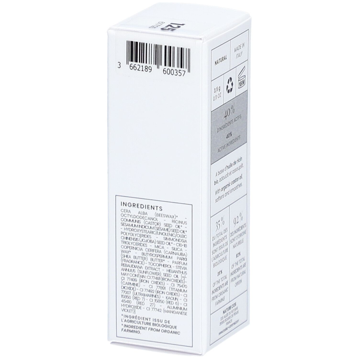 Weiße Verpackung mit Inhaltsstoffen. "INGREDIENTS" und Auflistung. Barcode und weitere Informationen.