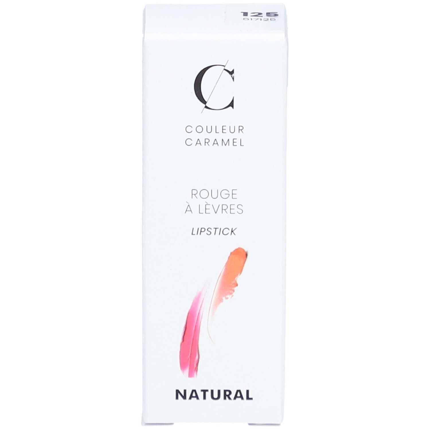 Weiße Verpackung mit "COULEUR CARAMEL" und "ROUGE À LÈVRES". Farbverlauf von Rosa nach Orange. "NATURAL" darunter.
