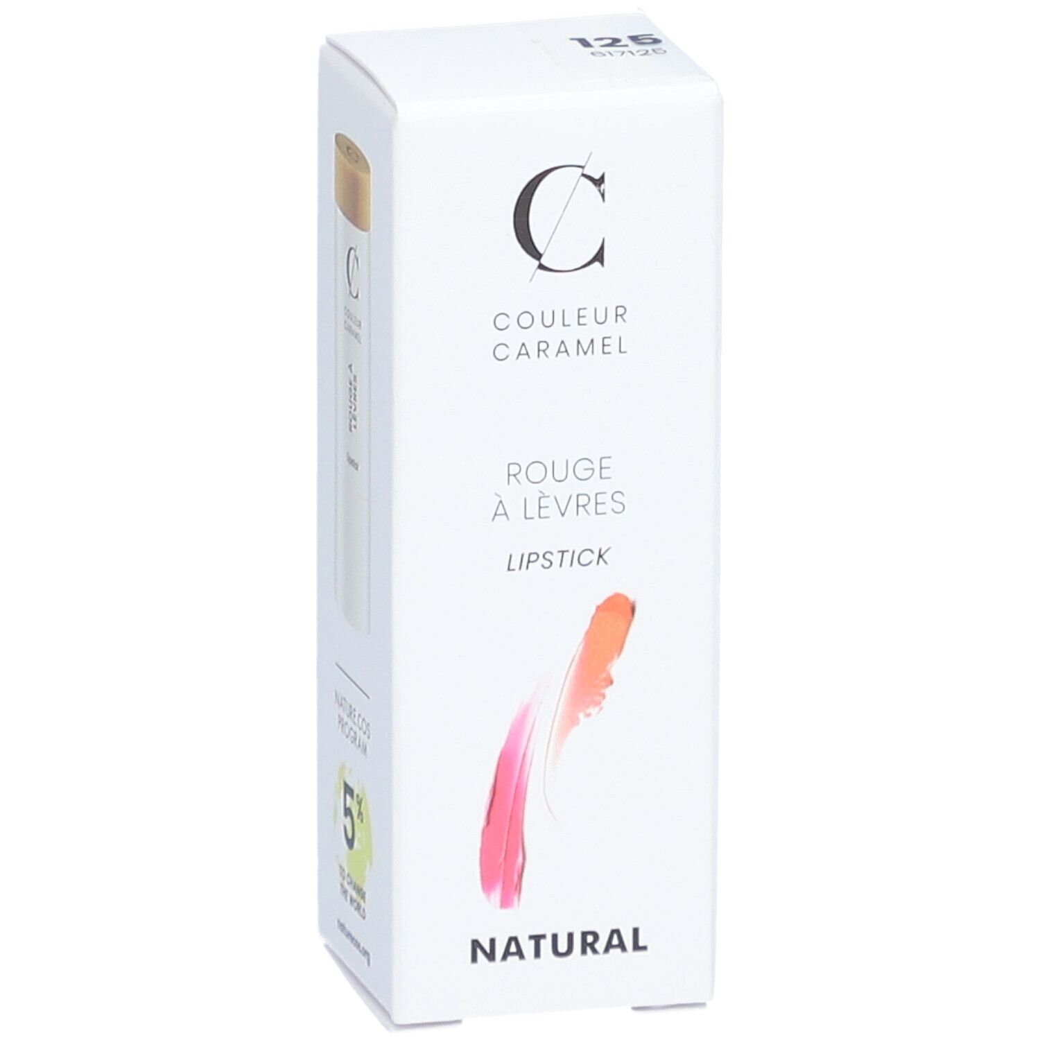 Weiße Verpackung mit Lippenstift. "COULEUR CARAMEL" und "ROUGE À LÈVRES". Farbverlauf von Rosa nach Orange. "NATURAL" darunter.