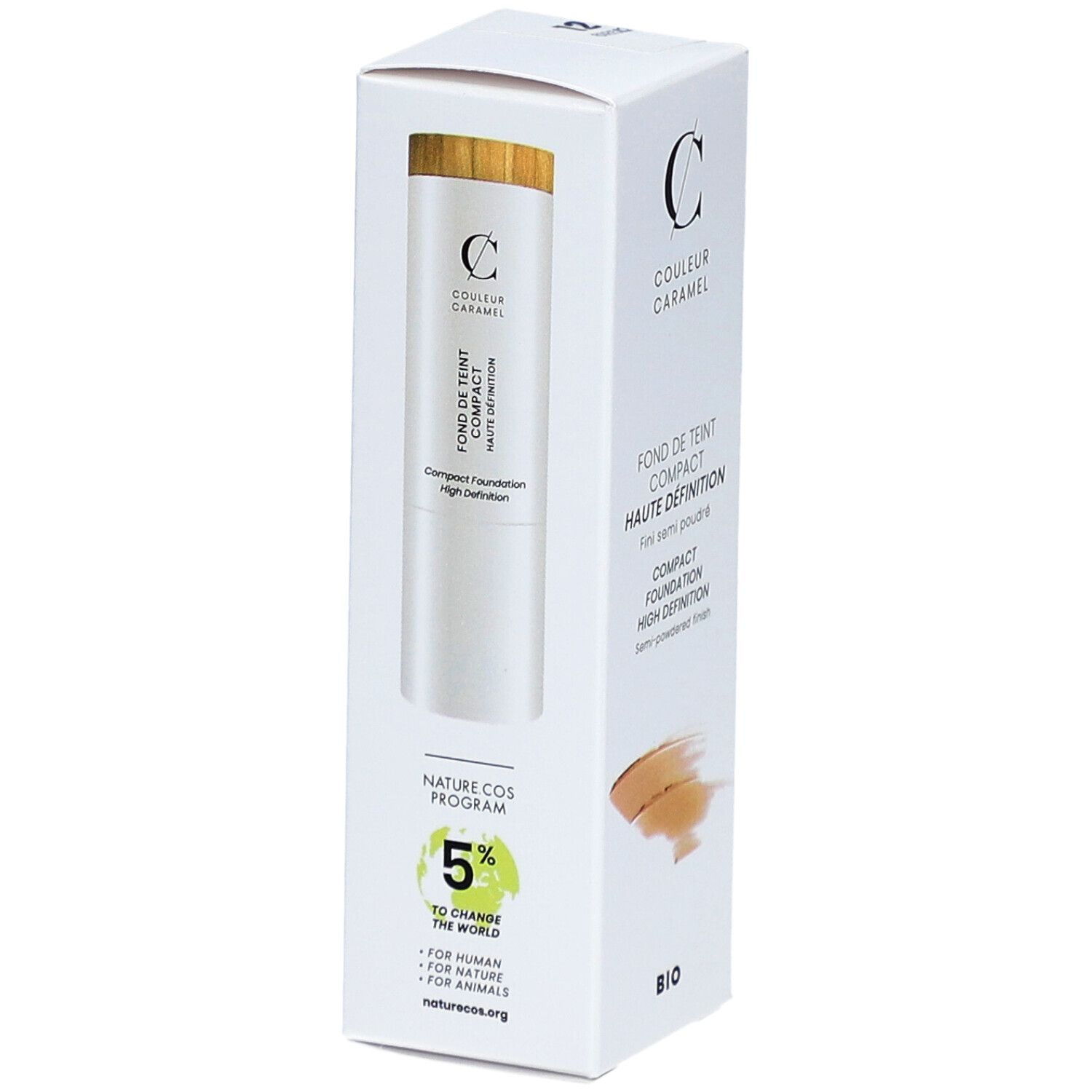 Weiße Verpackung mit Produkt und Schriftzug COULEUR CARAMEL. Foundation-Stift sichtbar. Text: Compact Foundation.