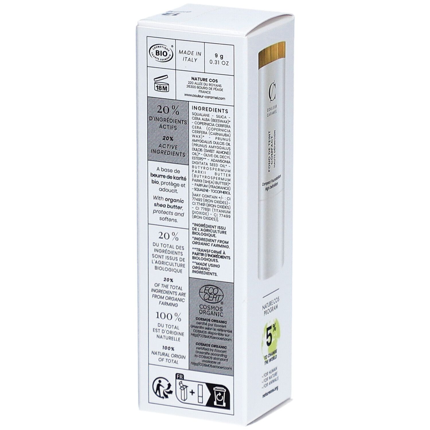 Verpackung mit Produktinformationen. Text: Inhaltsstoffe, Bio-Zertifizierung, 20% Inhaltsstoffe aus biologischem Anbau.