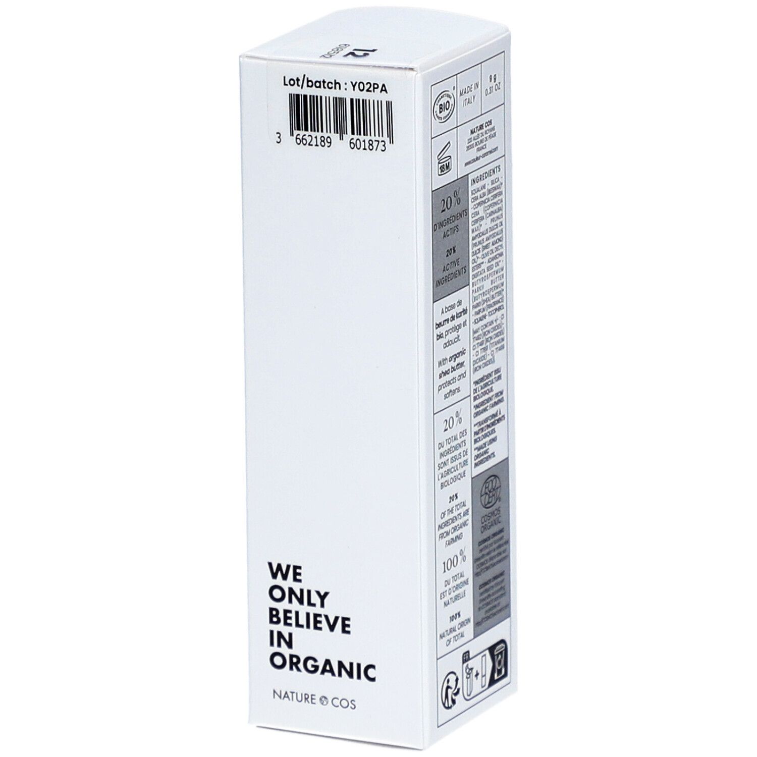 Rückseite der Verpackung. Text: We only believe in organic. Barcode und Chargennummer.
