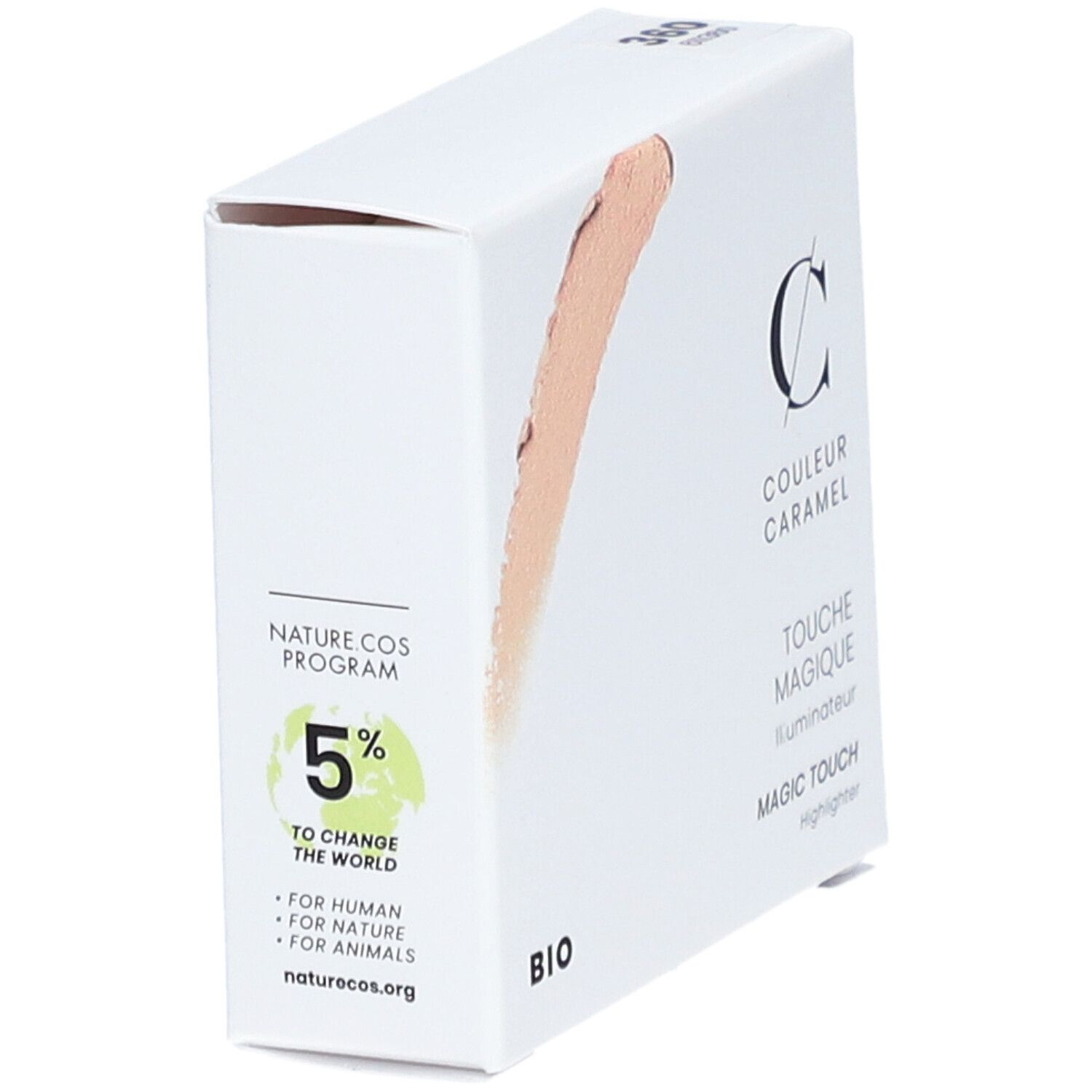Weiße Verpackung mit Produktabbildung und Schriftzug COULEUR CARAMEL. Naturkosmetik-Logo.