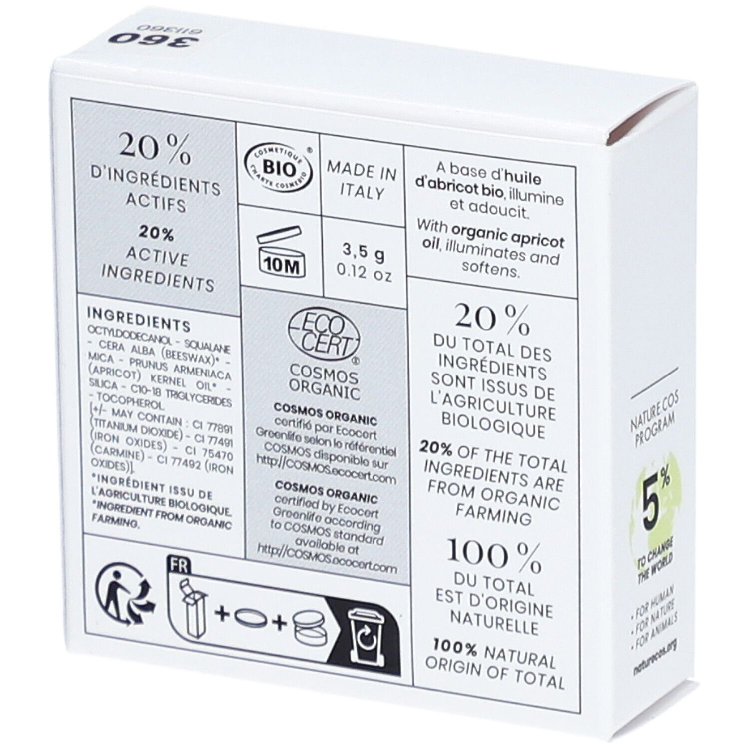 Rückseite der Verpackung mit Inhaltsstoffen, Zertifizierungen und Text. ECO CERT-Logo.