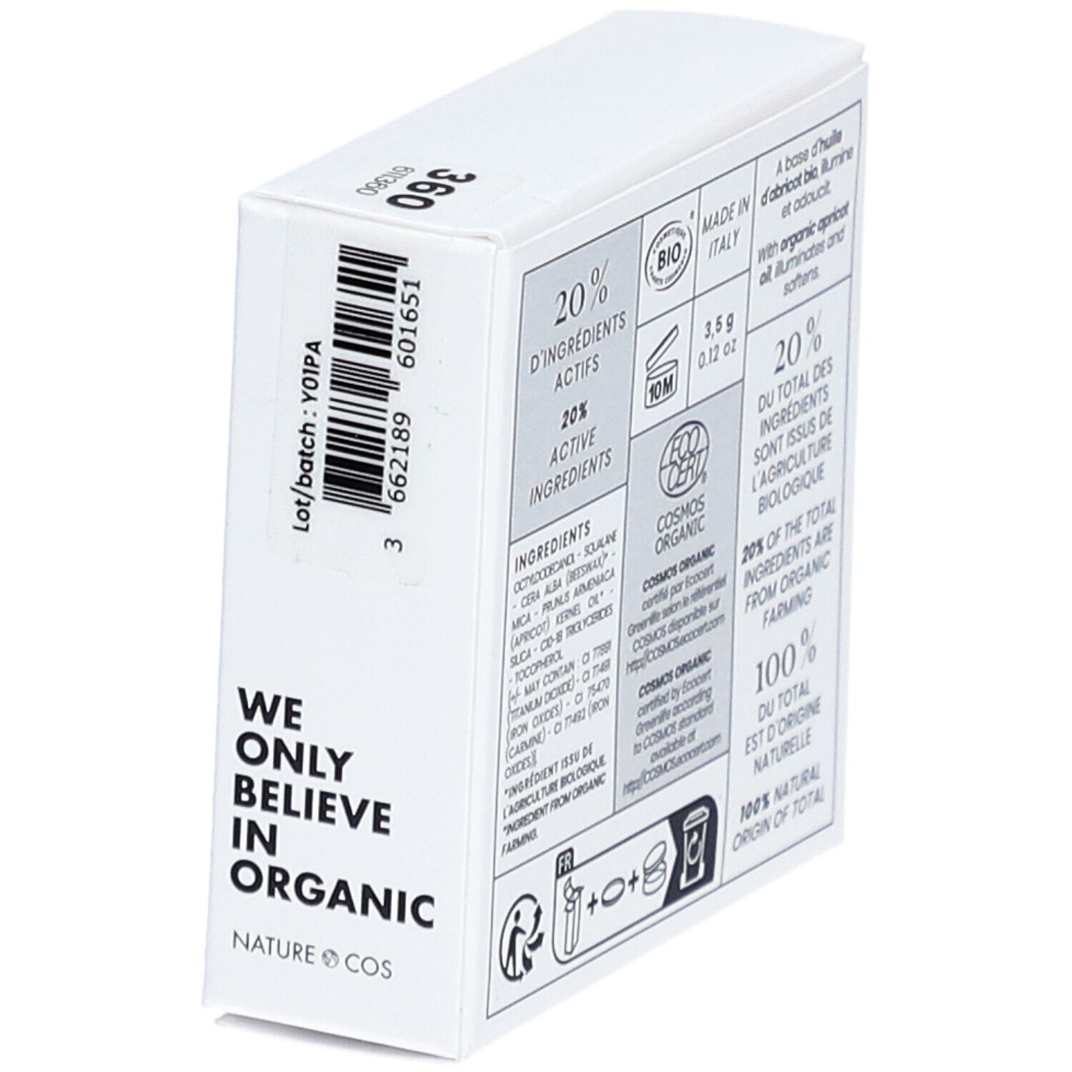 Rückseite der Verpackung mit Inhaltsstoffen, Zertifizierungen und Text. ECO CERT-Logo.