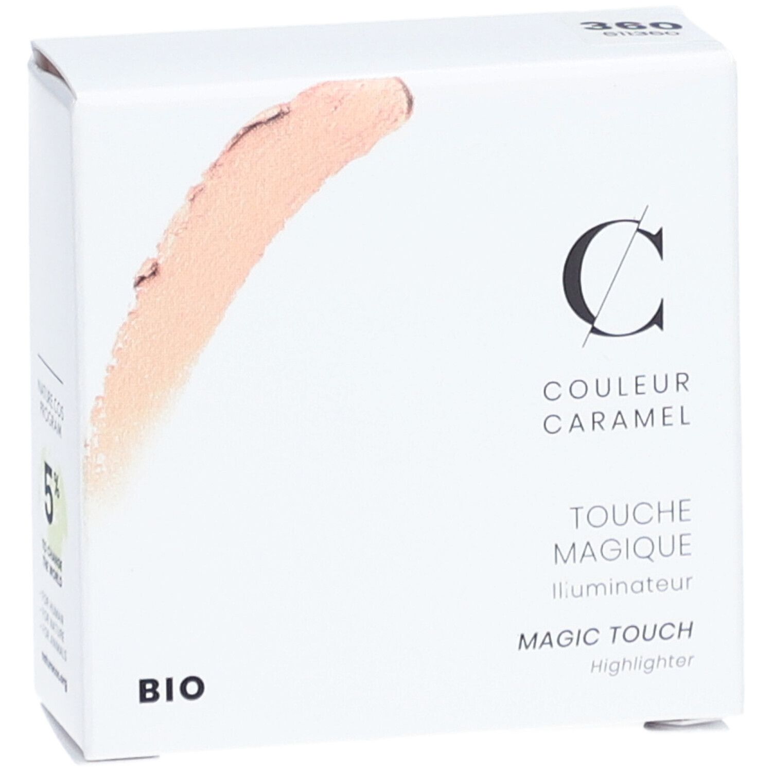 Weiße Verpackung mit Produktabbildung und Schriftzug COULEUR CARAMEL. Naturkosmetik-Logo.