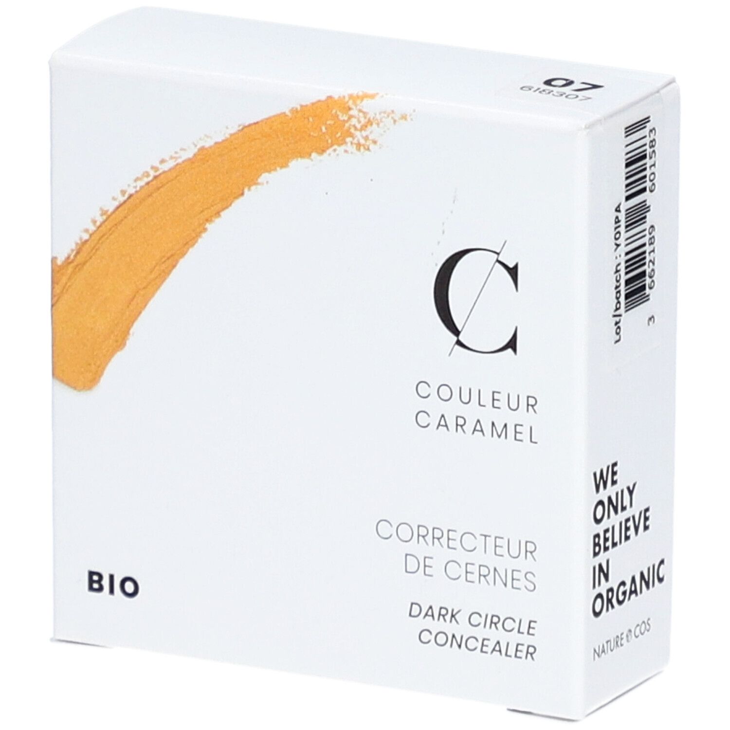 Weiße Verpackung mit Aufdruck. "COULEUR CARAMEL" und "BIO" sind sichtbar. Gelber Farbklecks.