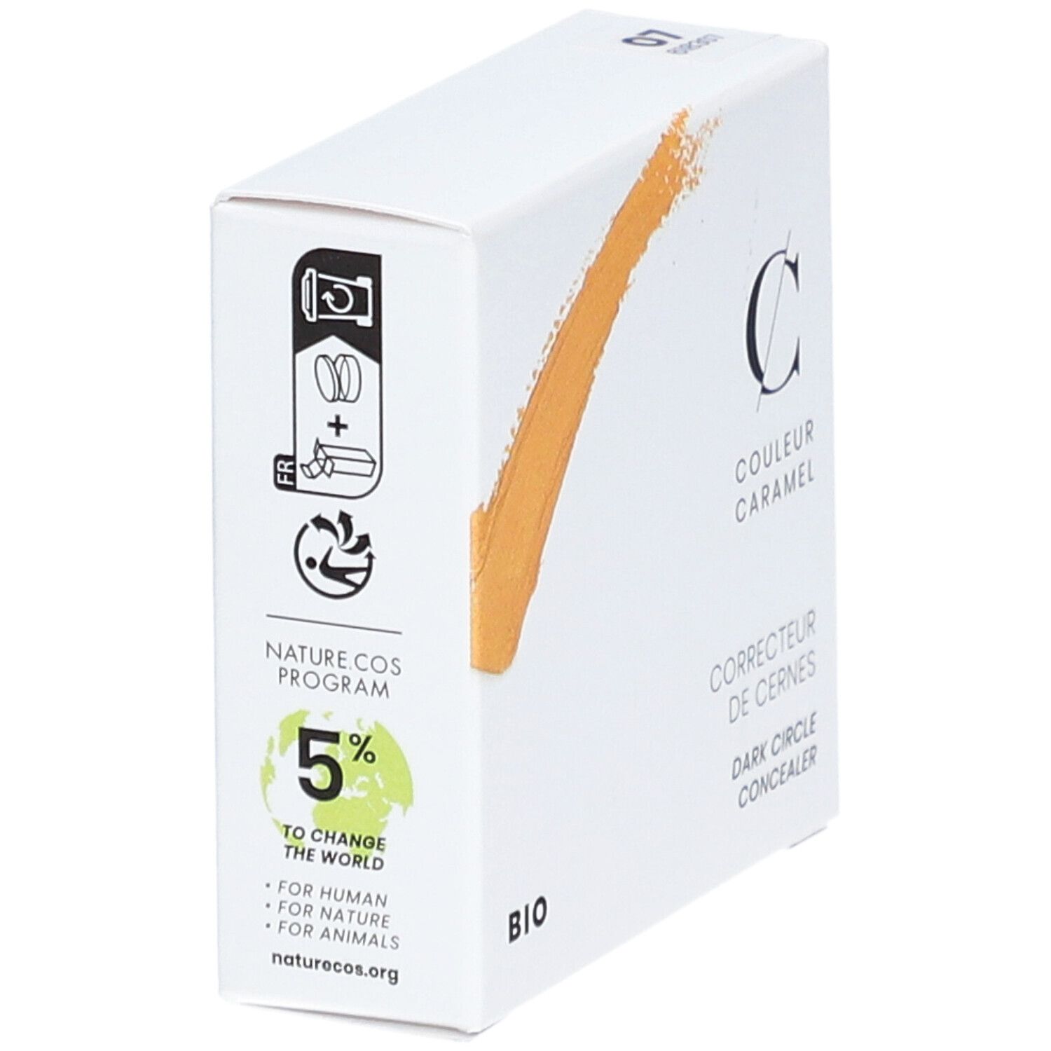 Weiße Verpackung mit Logo und Text. "COULEUR CARAMEL" und "BIO" sind sichtbar. Gelber Farbklecks.