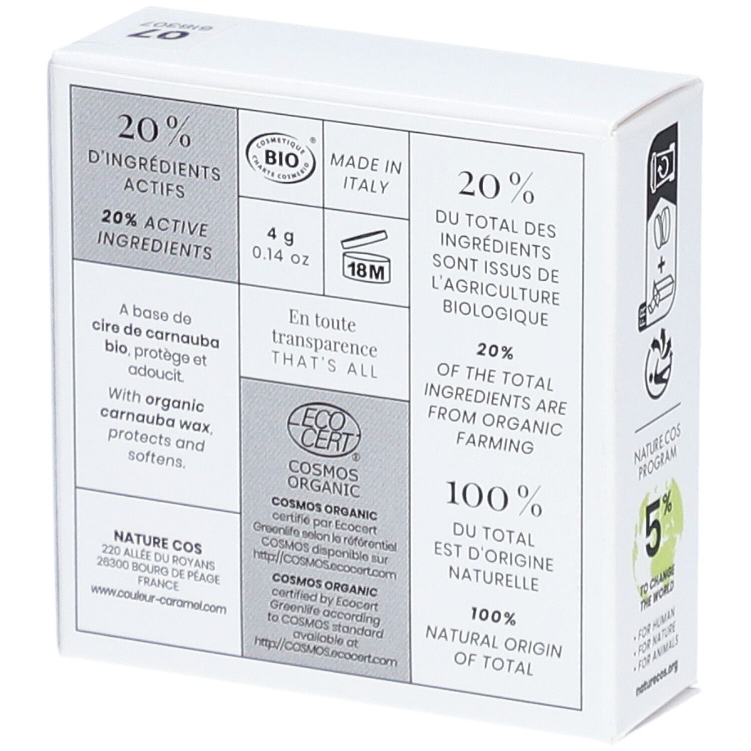 Weiße Verpackung mit Text und Logos. Enthält Informationen zu Inhaltsstoffen und Zertifizierungen.