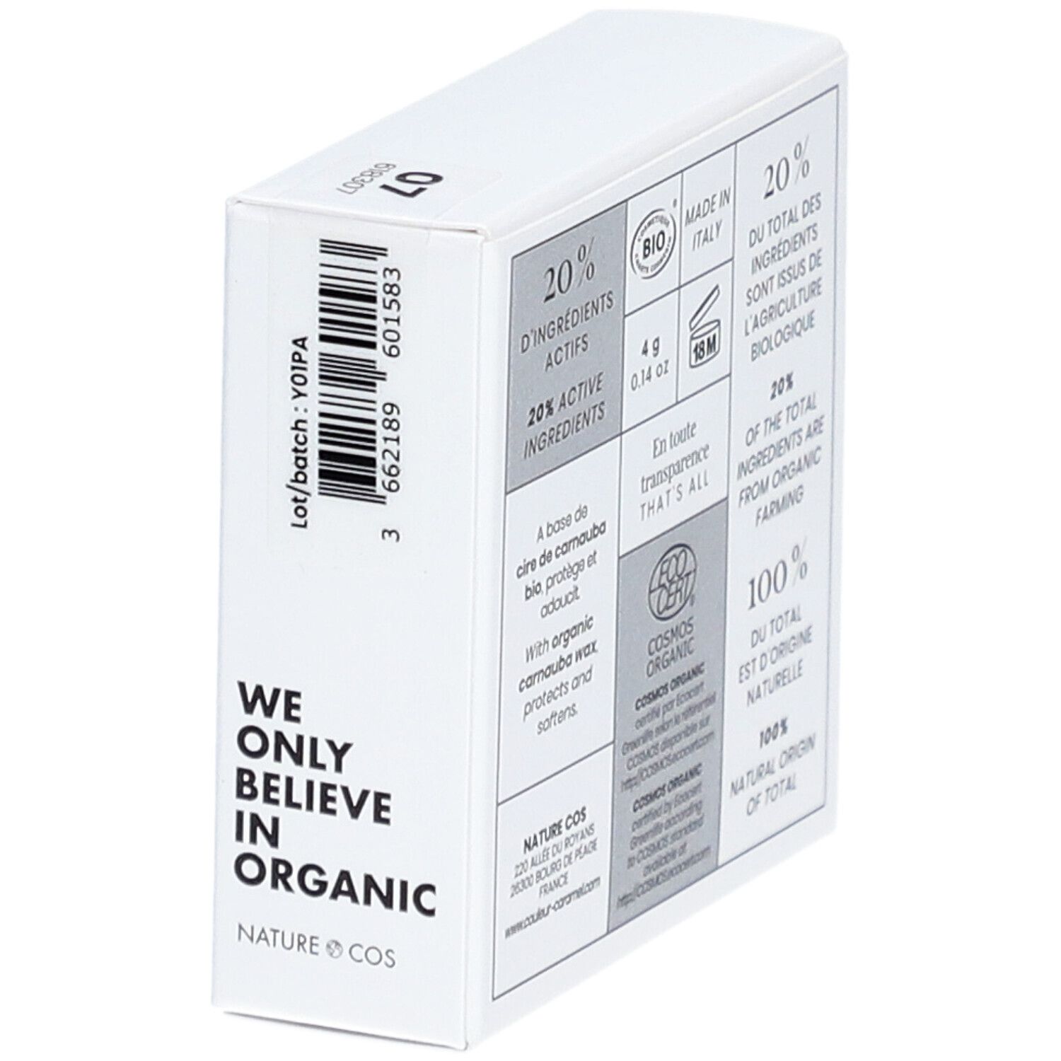 Weiße Verpackung mit Text und Logos. Enthält Informationen zu Inhaltsstoffen und Zertifizierungen.