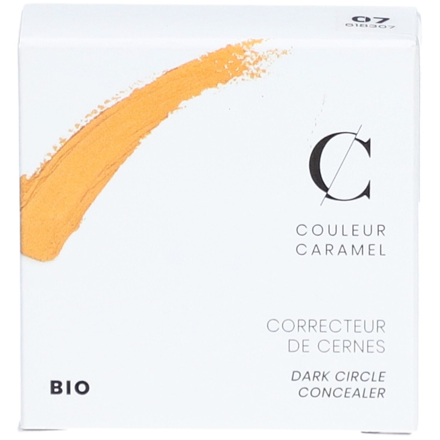 Weiße Verpackung mit Logo und Text. "COULEUR CARAMEL" und "BIO" sind sichtbar. Gelber Farbklecks.