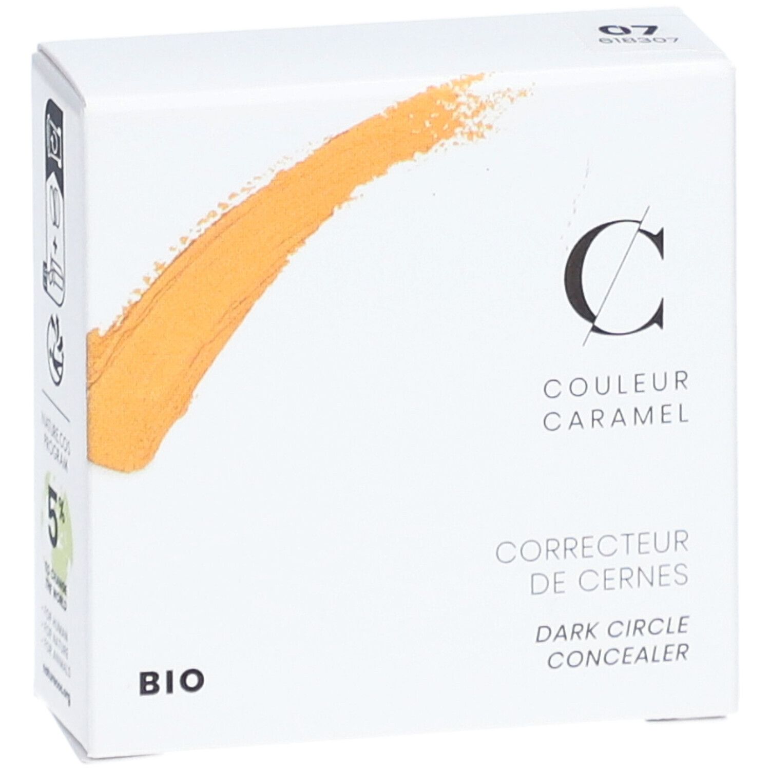 Weiße Verpackung mit Logo und Text. "COULEUR CARAMEL" und "BIO" sind sichtbar. Gelber Farbklecks.