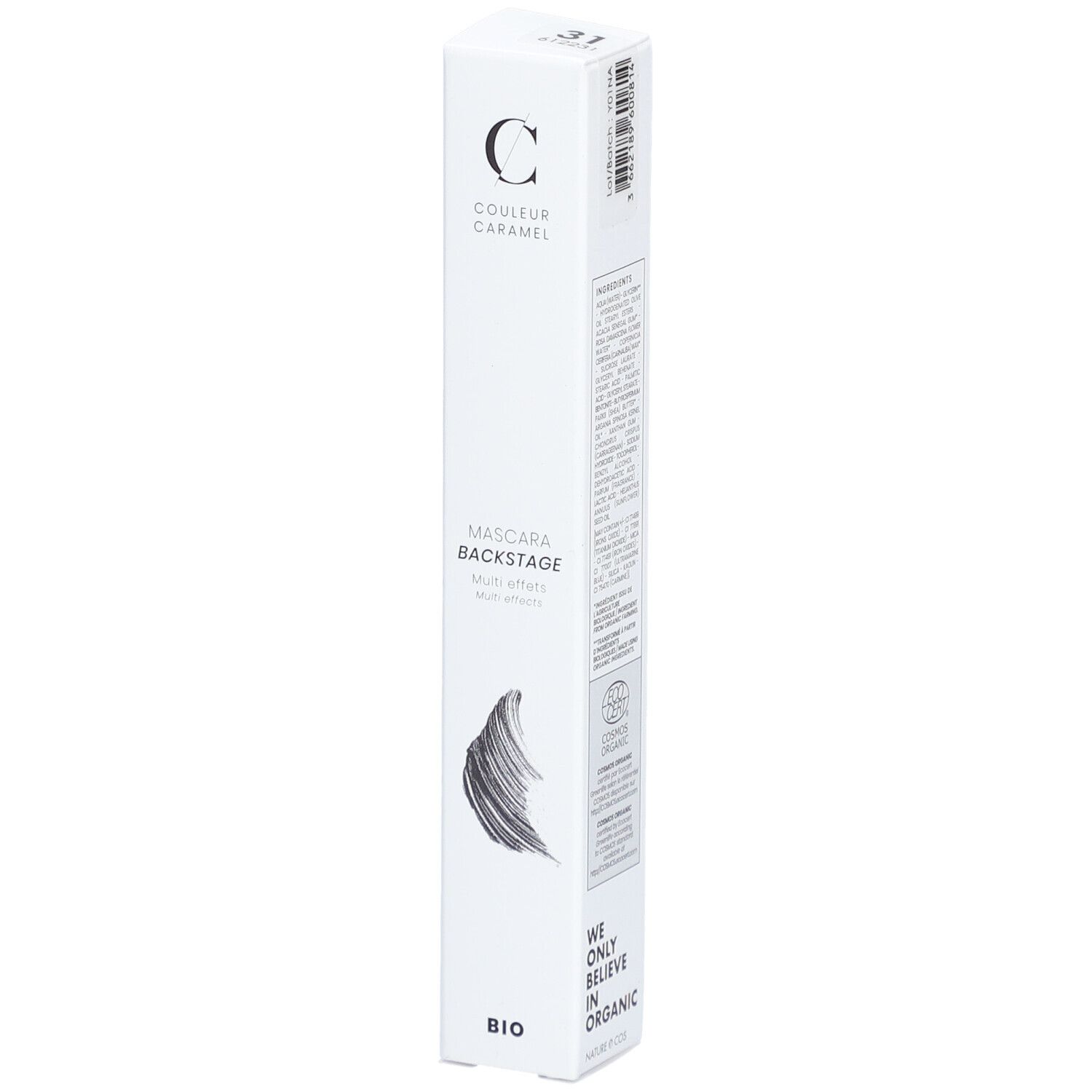 Weiße Verpackung mit Mascara-Abbildung. Marke: COULEUR CARAMEL. Text: MASCARA BACKSTAGE Multi effets. BIO-Zertifizierung.