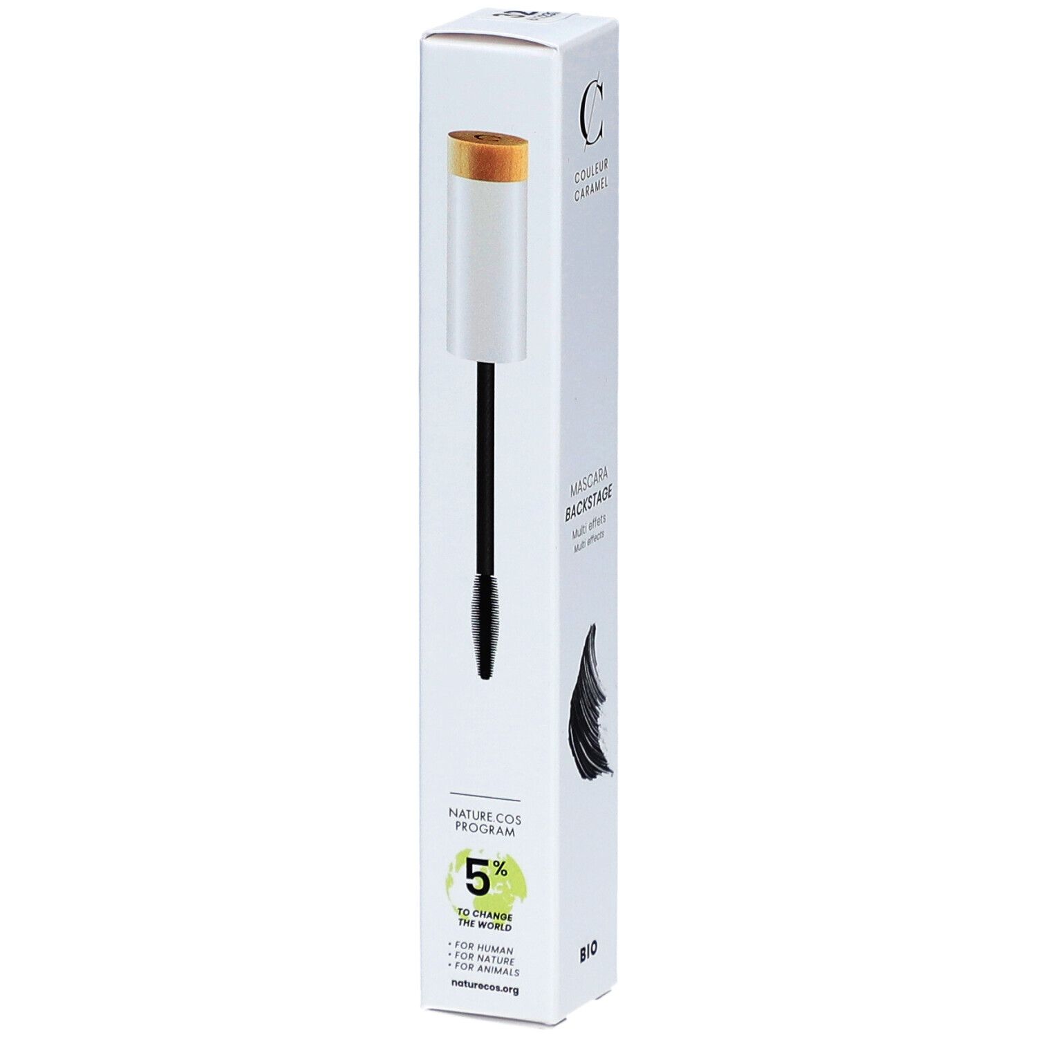 Emballage de mascara. COULEUR CARAMEL. Applicateur de mascara visible. Texte: MASCARA BACKSTAGE. Certification Bio. Nature Cos Program.
