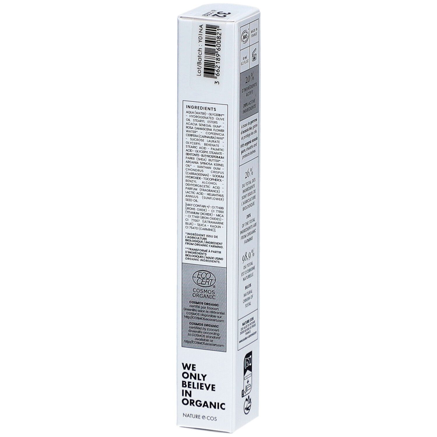 Dos de l'emballage du mascara. Liste des ingrédients. Certification Bio. Texte: We only believe in organic.