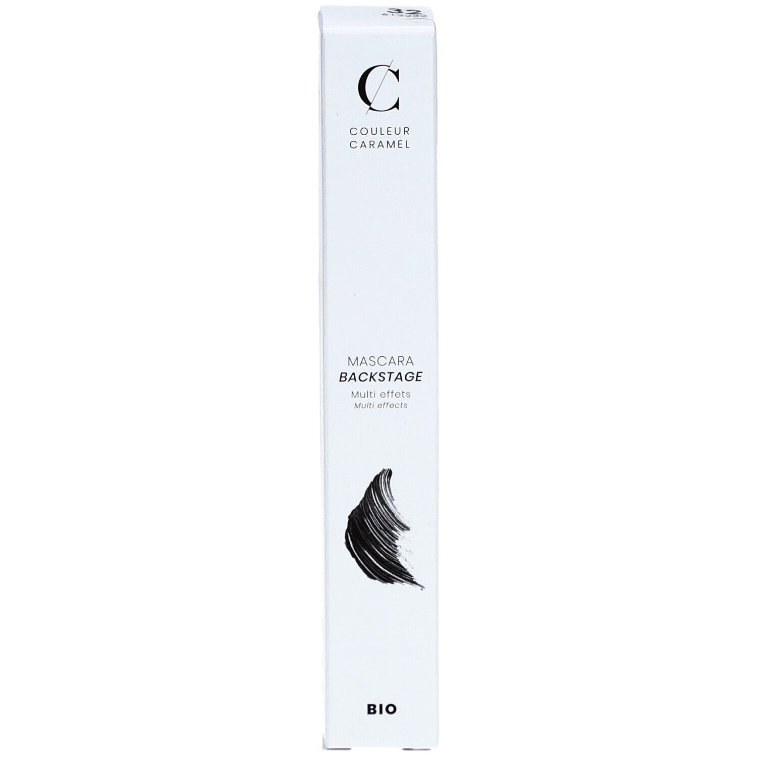 Emballage de mascara blanc. Marque: COULEUR CARAMEL. Texte: MASCARA BACKSTAGE. Certification Bio. Illustration du mascara.