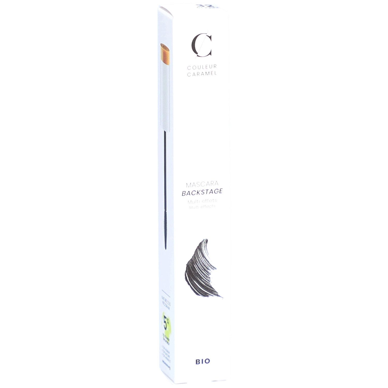 Emballage de mascara. COULEUR CARAMEL. Applicateur de mascara visible. Texte: MASCARA BACKSTAGE. Certification Bio. Nature Cos Program.