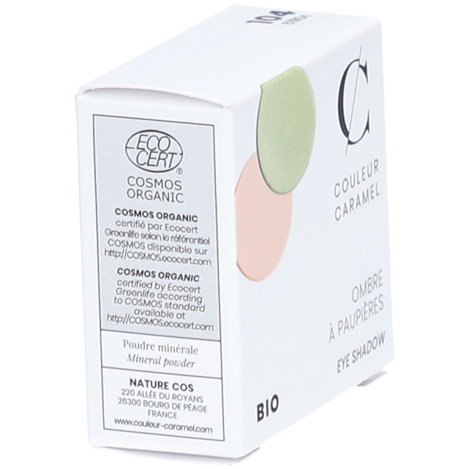 Karton mit zwei Lidschattenfarben. Marke: COULEUR CARAMEL. Aufschrift: BIO, COSMOS ORGANIC, Ombre à paupières, Eye Shadow.