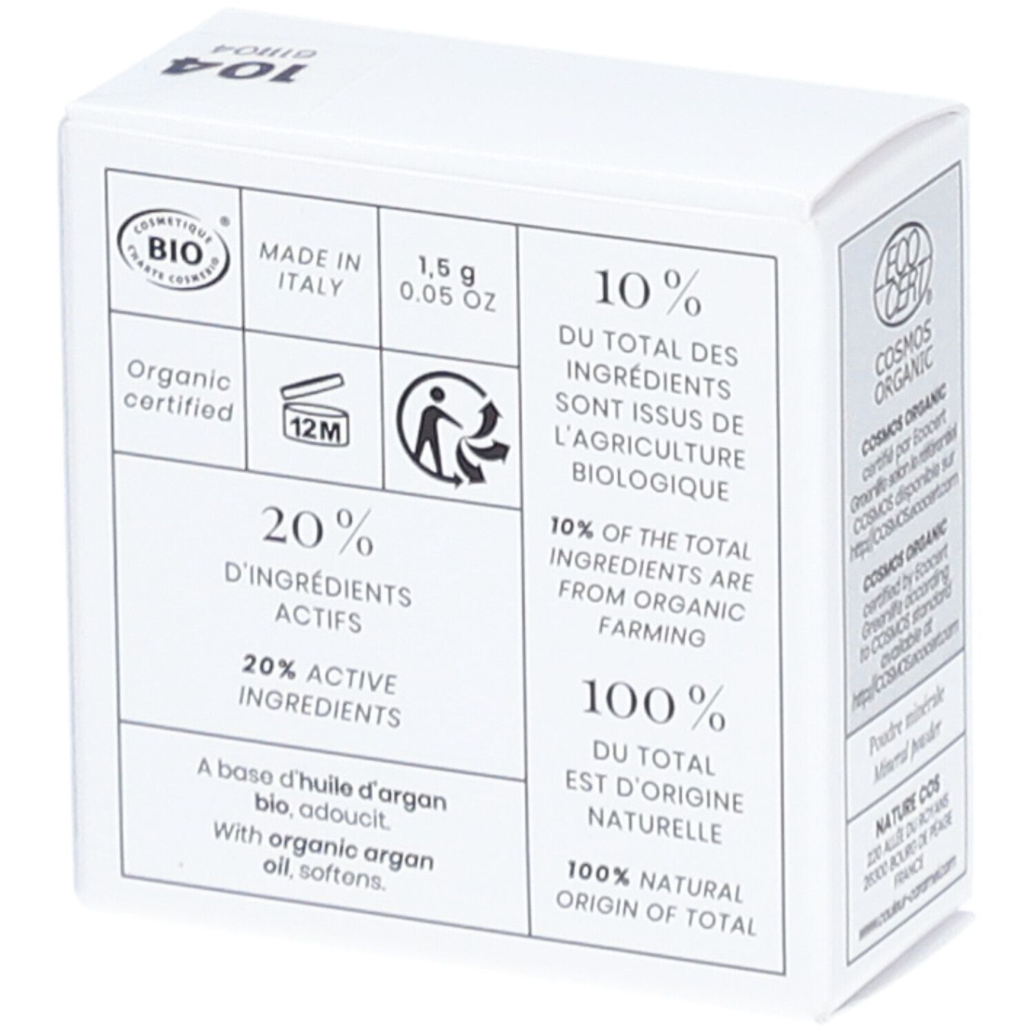 Karton mit Informationen. Aufschrift: BIO, COSMOS ORGANIC, 1,5 g, 20% Wirkstoffe, 10% Inhaltsstoffe aus biologischer Landwirtschaft.