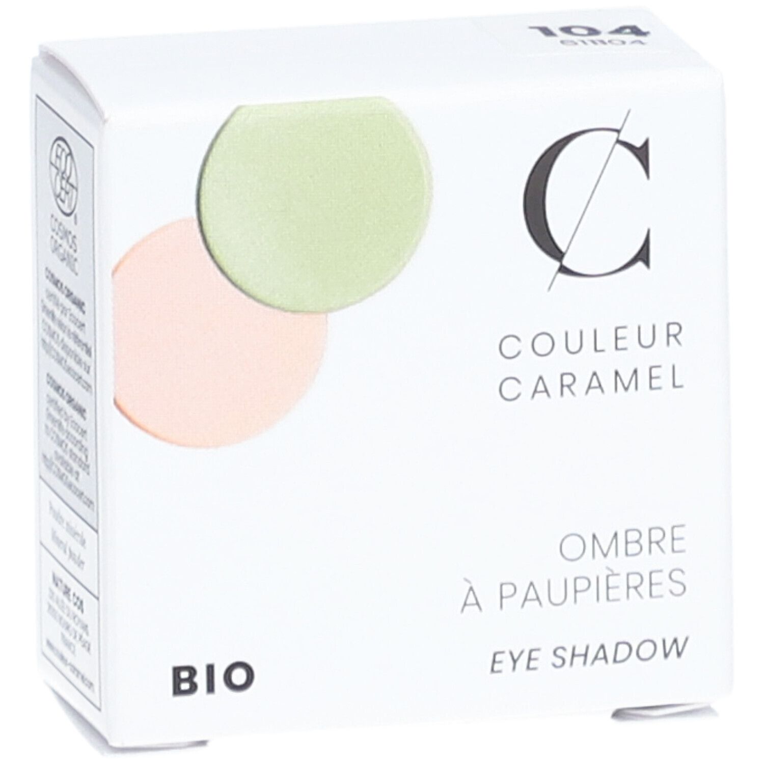 Karton mit zwei Lidschattenfarben. Marke: COULEUR CARAMEL. Aufschrift: BIO, COSMOS ORGANIC, Ombre à paupières, Eye Shadow.