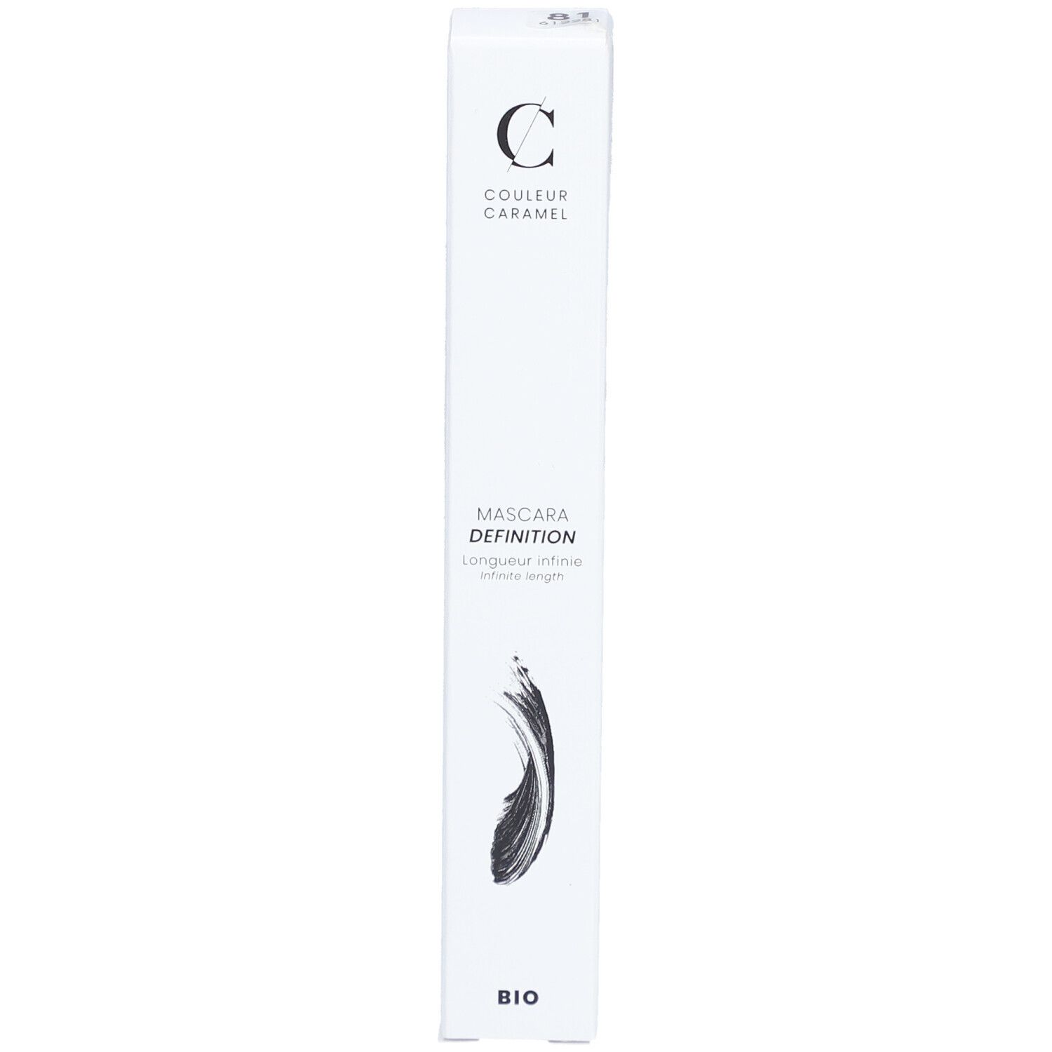 Weiße Verpackung mit Mascara. Marke: COULEUR CARAMEL. Text: MASCARA DEFINITION, BIO. Federzeichnung.
