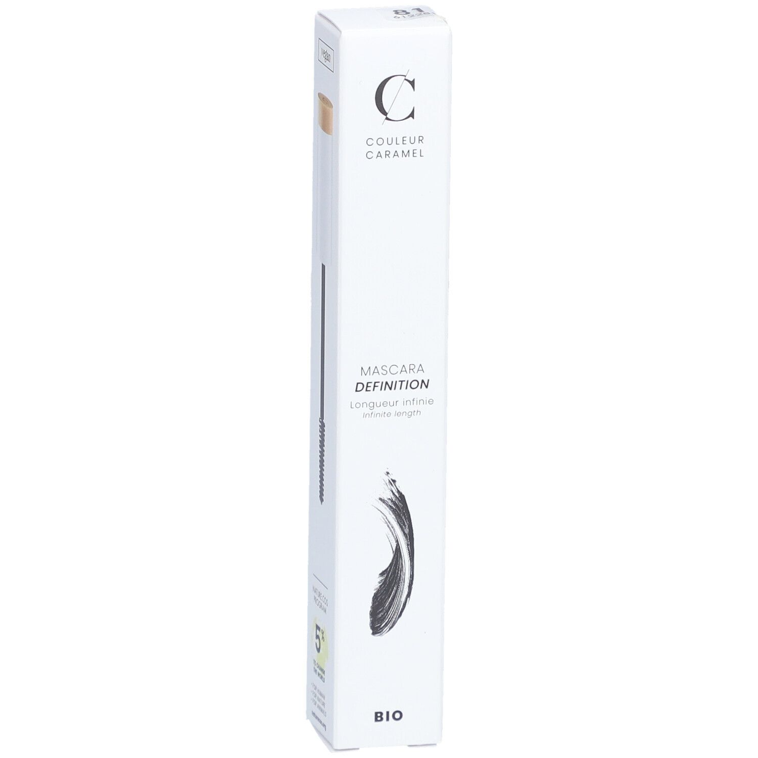 Weiße Verpackung mit Mascara und Bürste. Marke: COULEUR CARAMEL. Text: MASCARA DEFINITION, BIO. Naturkosmetik-Logo.