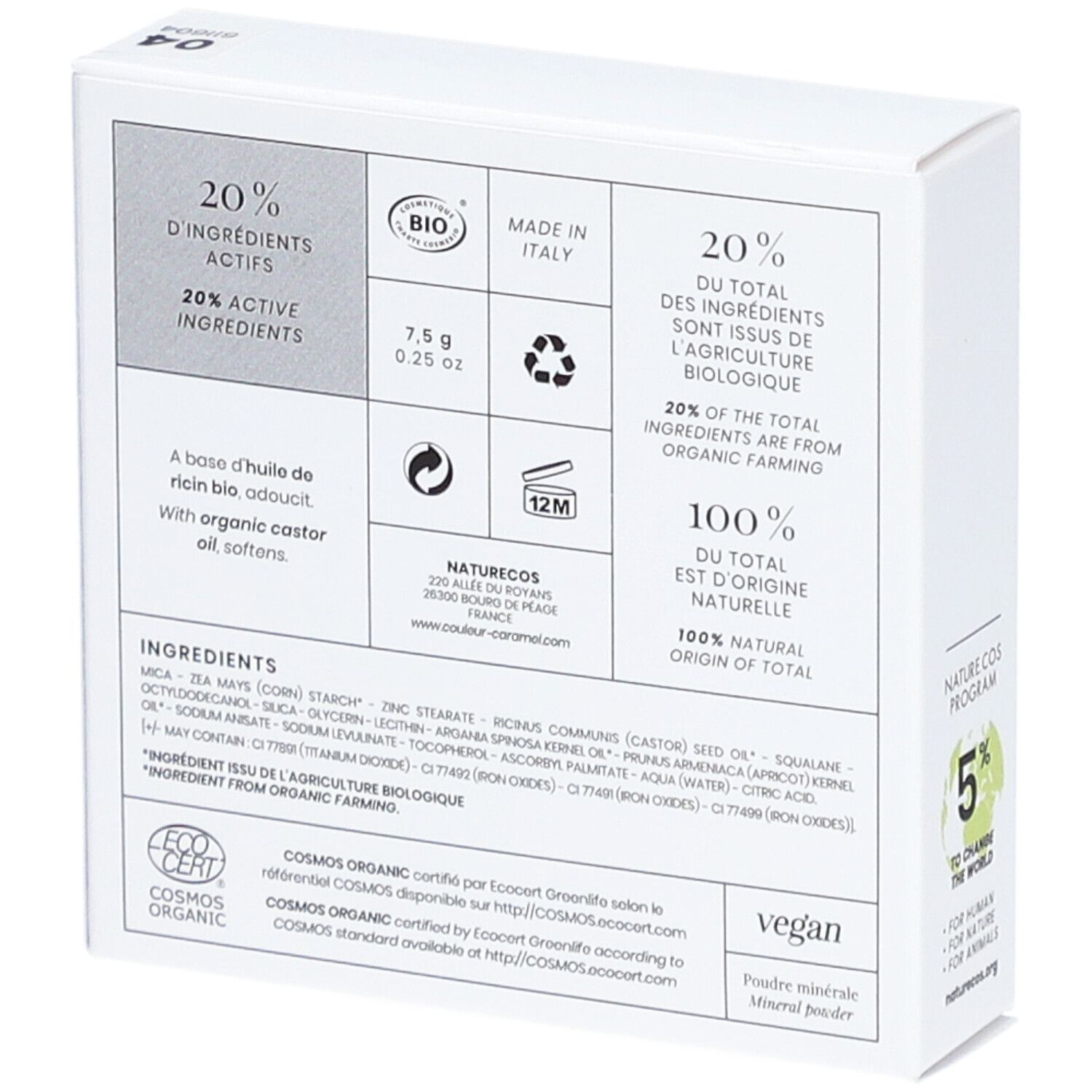 Dos de la boîte blanche. Inscription: 20% ingrédients actifs, 7,5 g, BIO, vegan, certifié COSMOS ORGANIC.