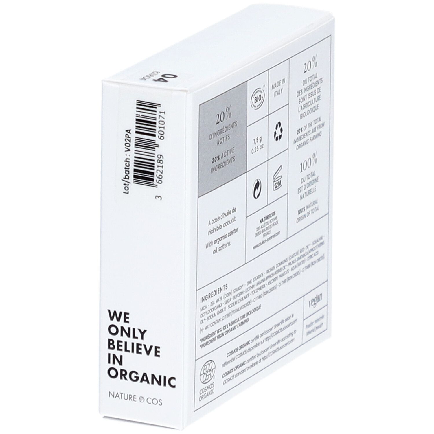 Dos de la boîte blanche. Inscription: 20% ingrédients actifs, 7,5 g, BIO, vegan, certifié COSMOS ORGANIC.