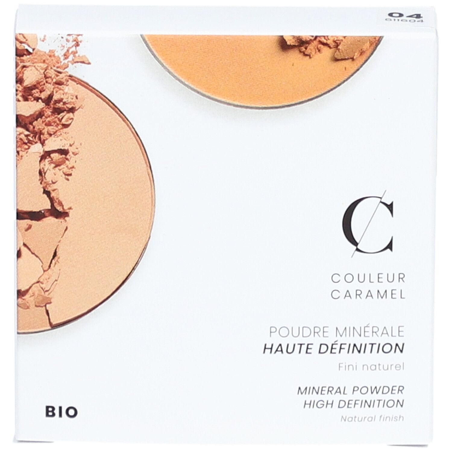 Boîte blanche avec poudre minérale. Inscription: COULEUR CARAMEL, Poudre Minérale Haute Définition, BIO. Teinte 04.