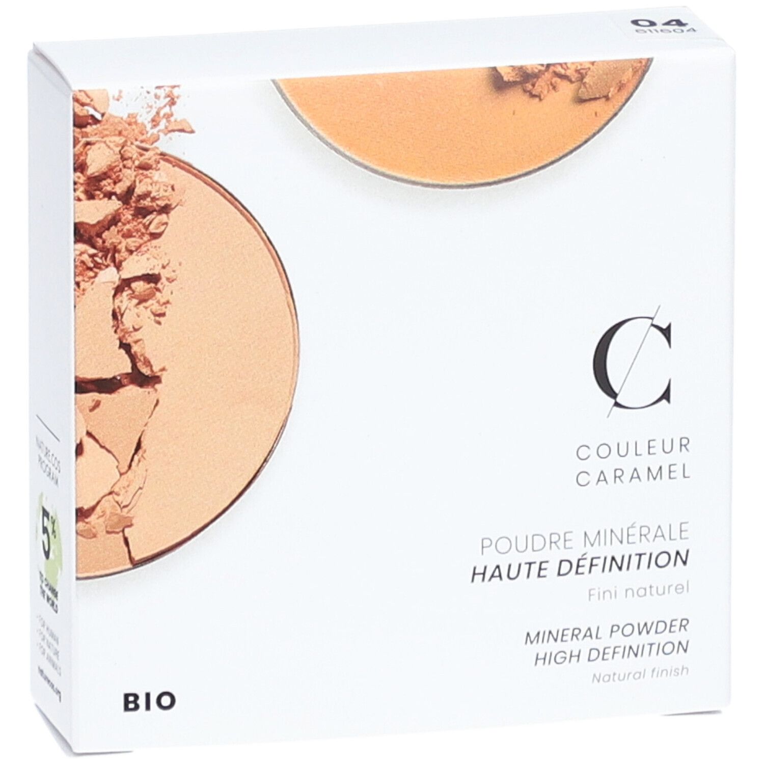 Boîte blanche avec poudre minérale. Inscription: COULEUR CARAMEL, Poudre Minérale Haute Définition, BIO. Teinte 04.