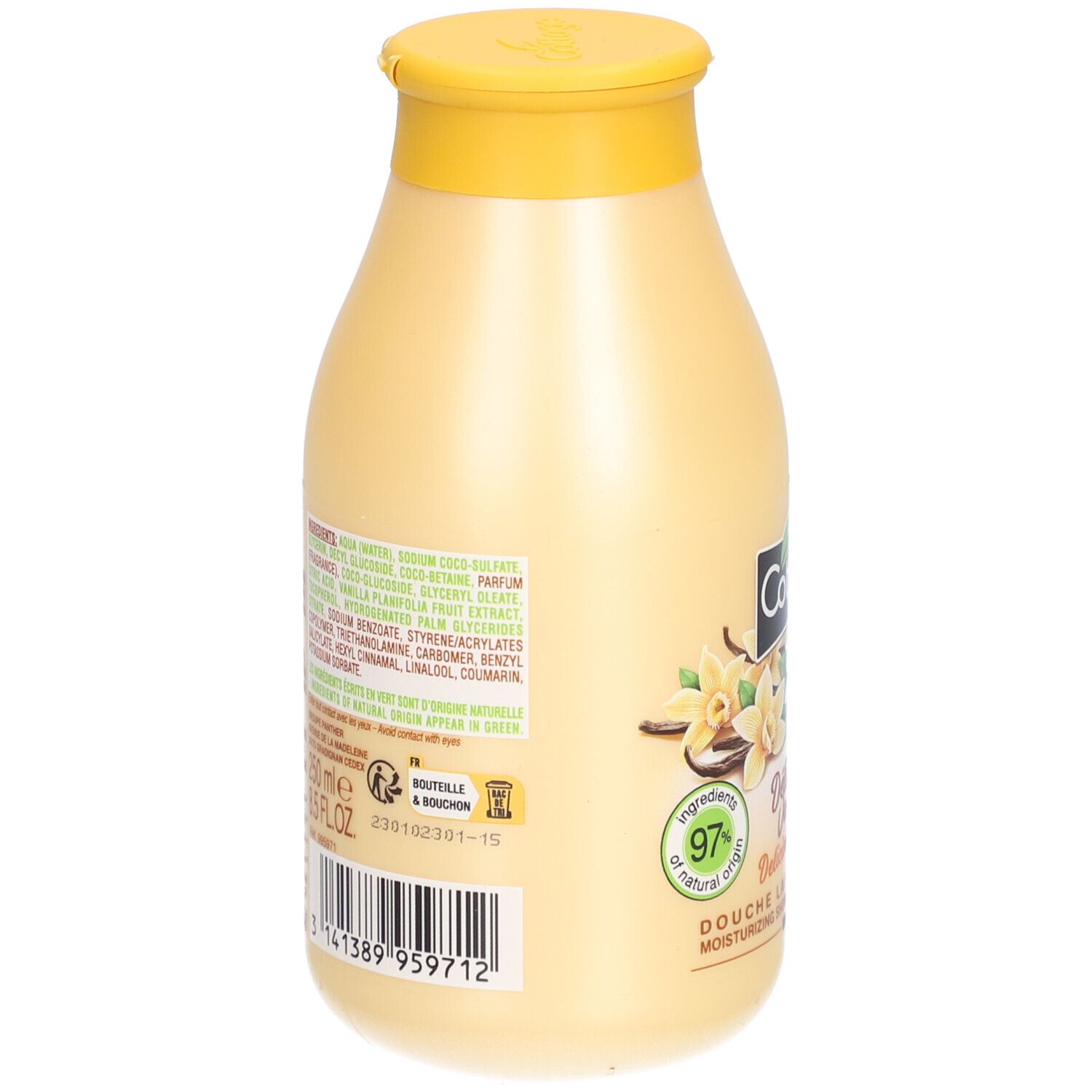 Dos du flacon beige avec bouchon jaune. Inscription: ingrédients, Cottage, 97% d'origine naturelle. Texte et code-barres.