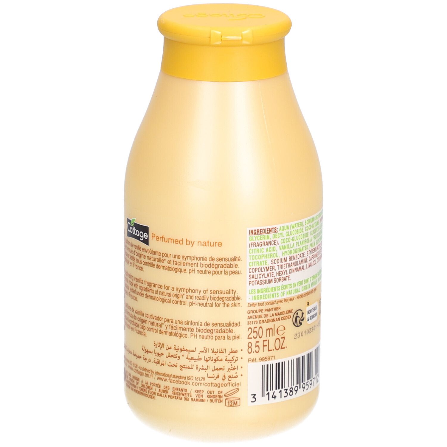 Dos du flacon beige avec bouchon jaune. Inscription: Cottage, 250 ml, 8.5 FL.OZ. Texte en plusieurs langues.