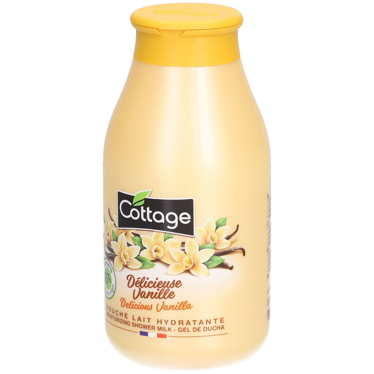 Flacon beige avec bouchon jaune. Inscription: Cottage, Délicieuse Vanille, 97% d'origine naturelle. Illustration: fleurs de vanille.