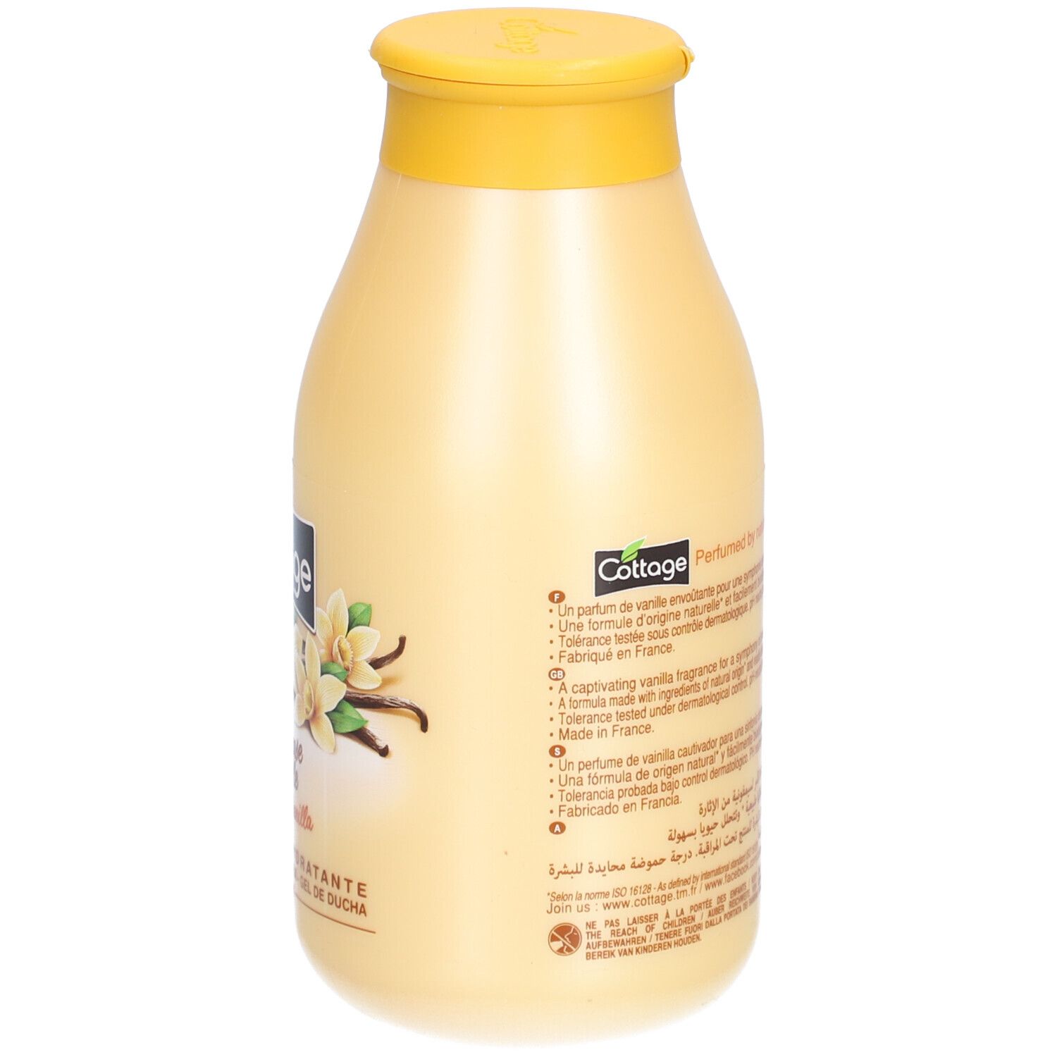 Dos du flacon beige avec bouchon jaune. Inscription: Cottage, Parfum de nature, parfum vanille. Texte en plusieurs langues.