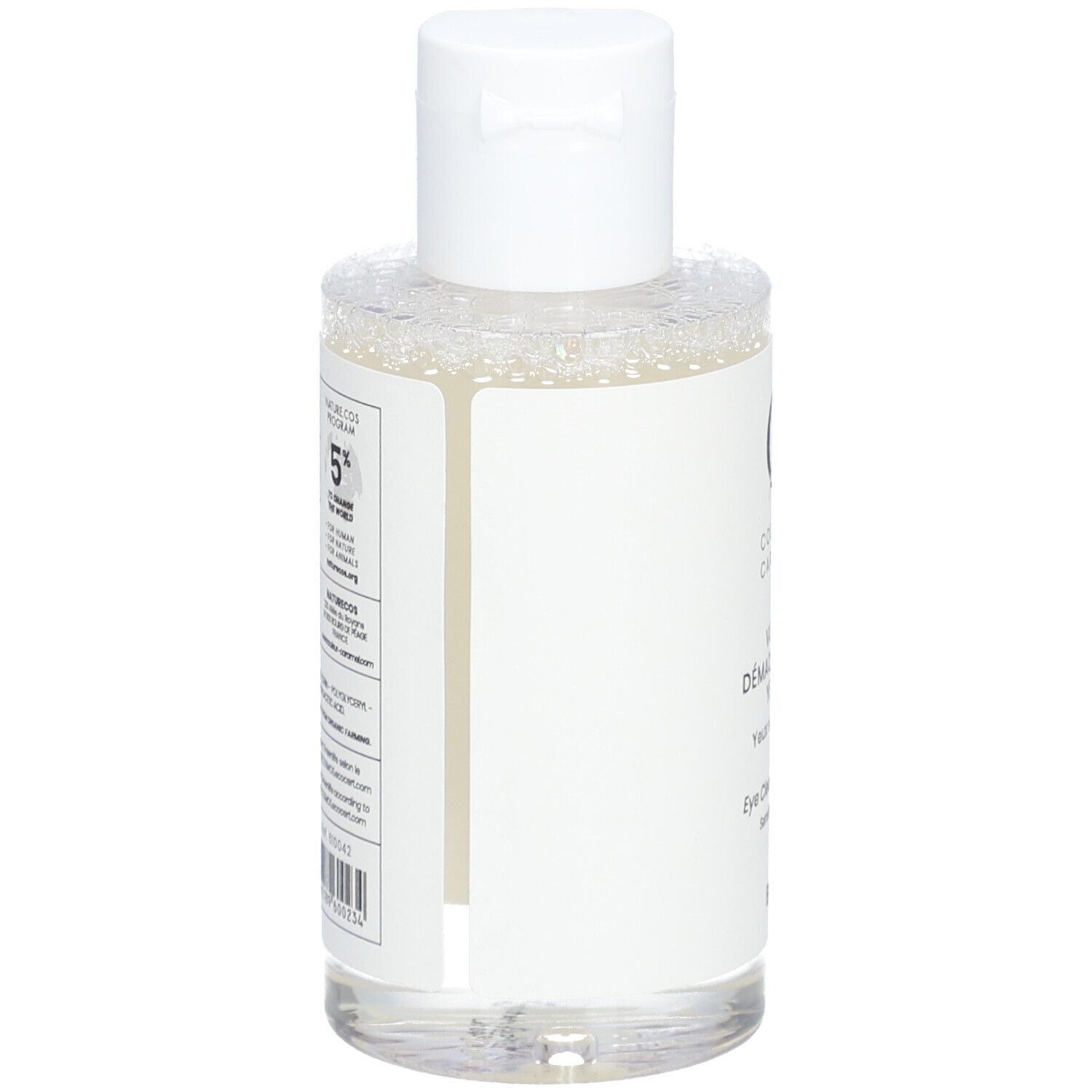Weiße Flasche mit Produktetikett. Aufschrift: COULEUR CARAMEL, Augen-Make-up-Entferner, empfindliche Augen. BIO-Zertifizierung.