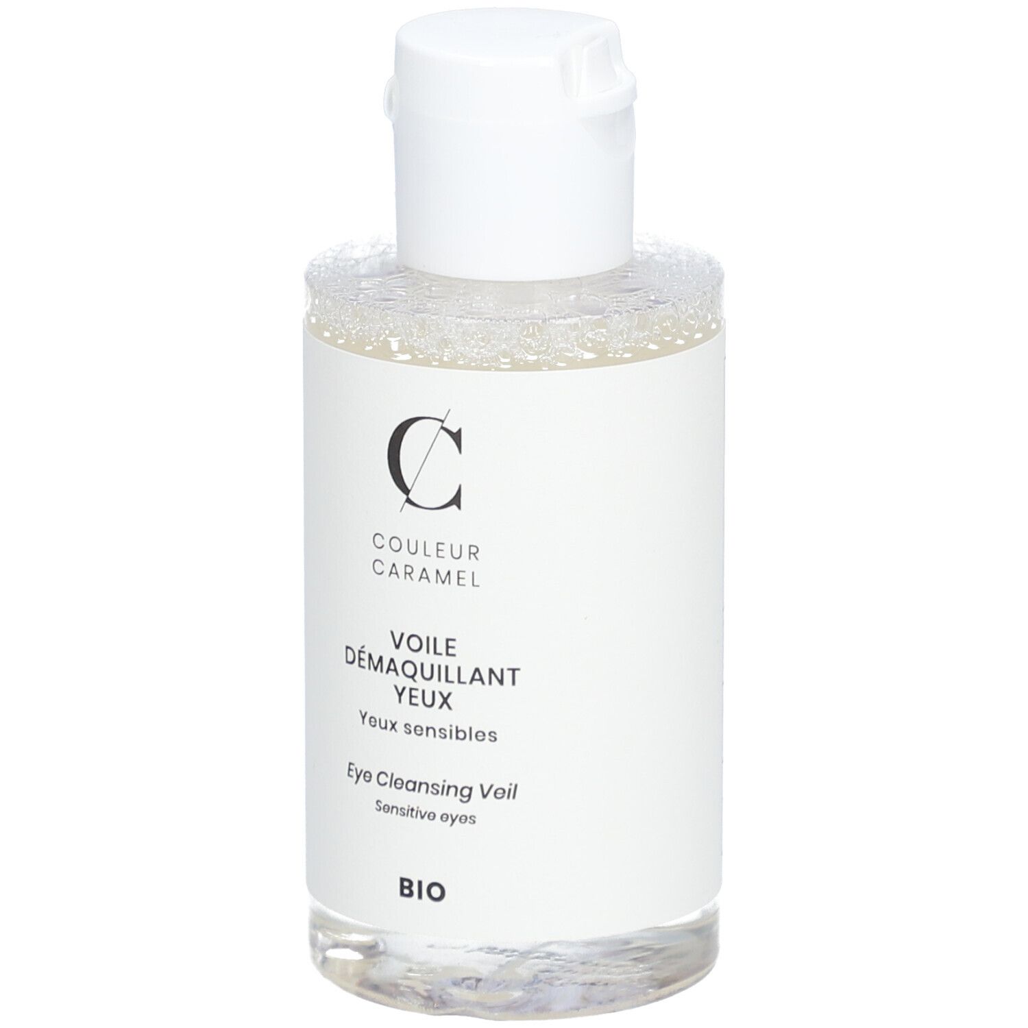 Weiße Flasche mit Produktetikett. Aufschrift: COULEUR CARAMEL, Augen-Make-up-Entferner, empfindliche Augen. BIO-Zertifizierung.