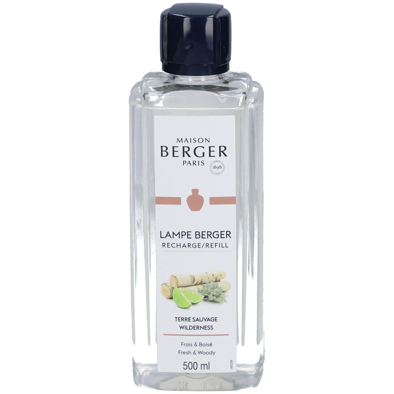 Flacon transparent avec bouchon noir. Étiquette avec nom du produit, logo et ingrédients. 500 ml.