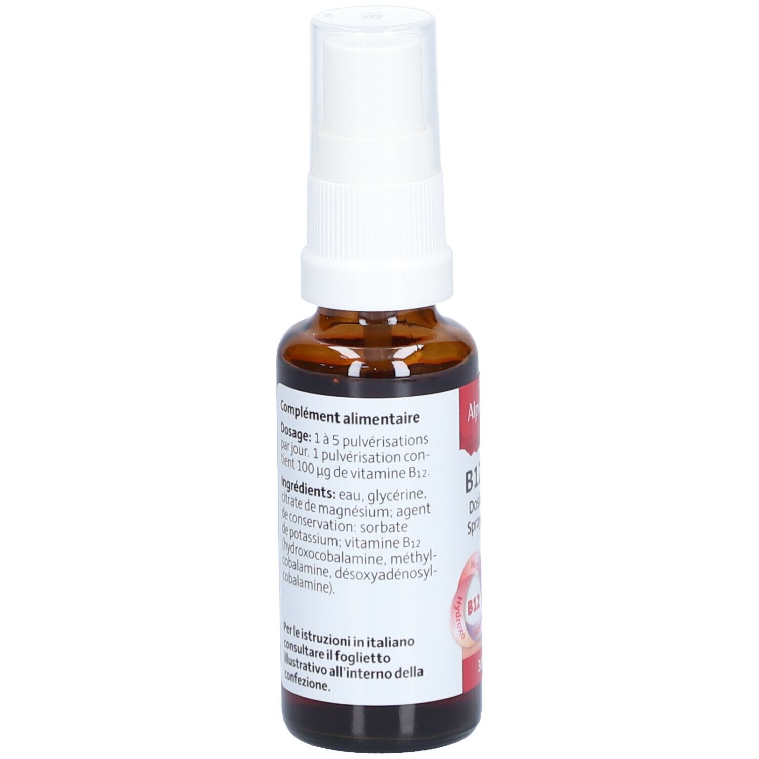 Vue arrière du flacon en verre brun. Étiquette avec ingrédients et informations de dosage. Vegan.