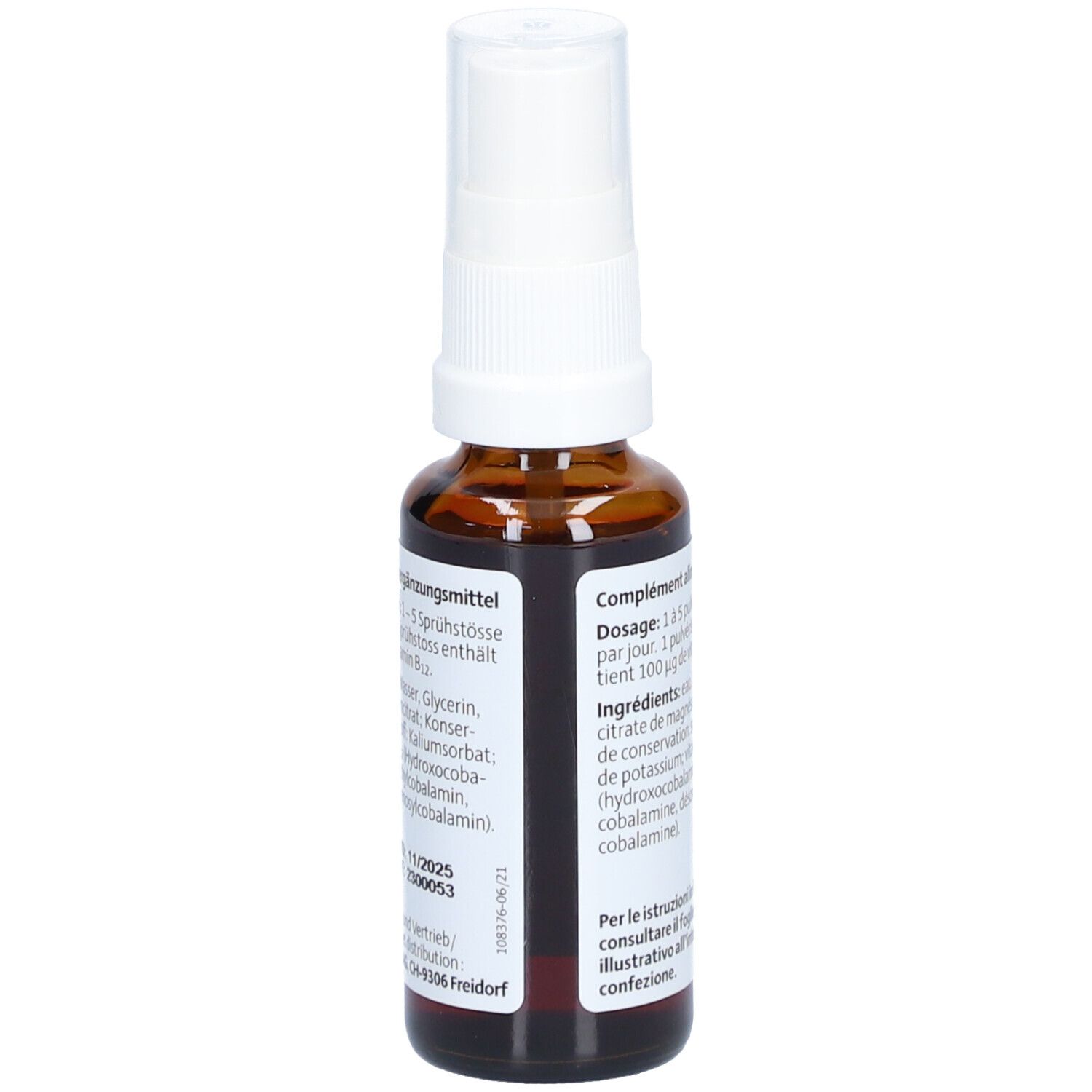 Vue arrière du flacon en verre brun. Étiquette avec ingrédients et informations de dosage. Vegan.