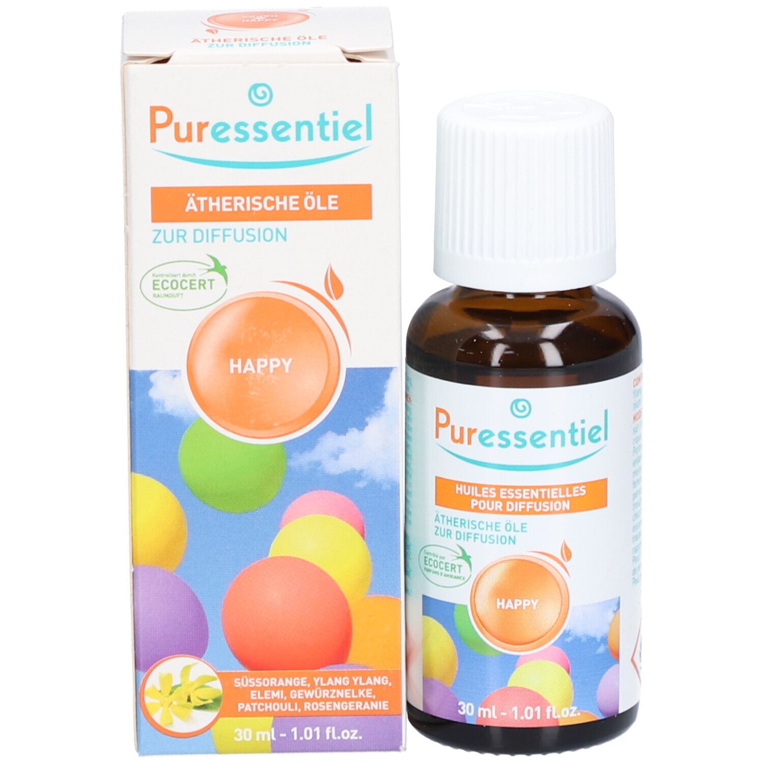 Produktflasche und Verpackung. Aufschrift: Puressentiel, Ätherische Öle zur Diffusion, Happy. ECOCERT-Zertifizierung.