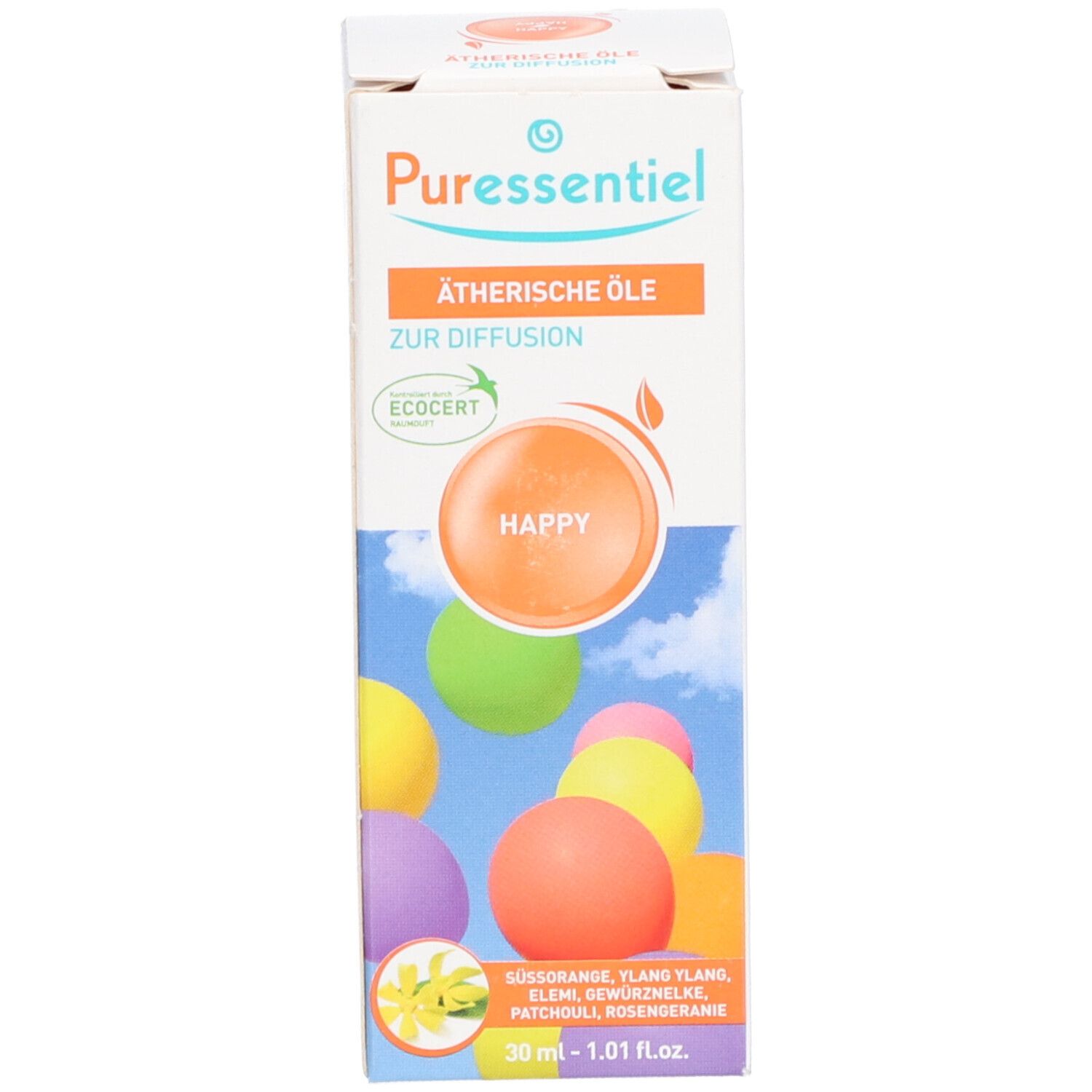 Produktverpackung. Aufschrift: Puressentiel, Ätherische Öle zur Diffusion, Happy. ECOCERT-Zertifizierung. Inhaltsstoffe.