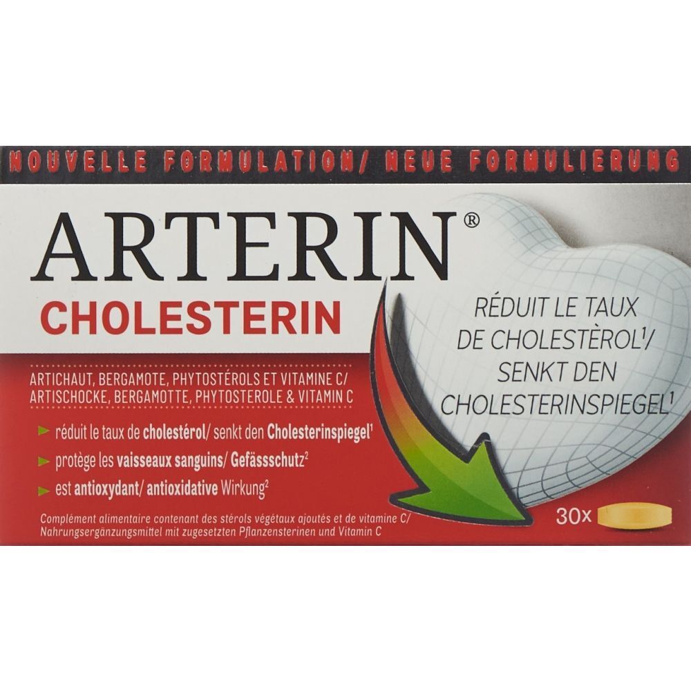 Arterin Cholesterin-Packung. Rote und weiße Schachtel mit Produktnamen und Inhaltsangaben. 30 Tabletten.