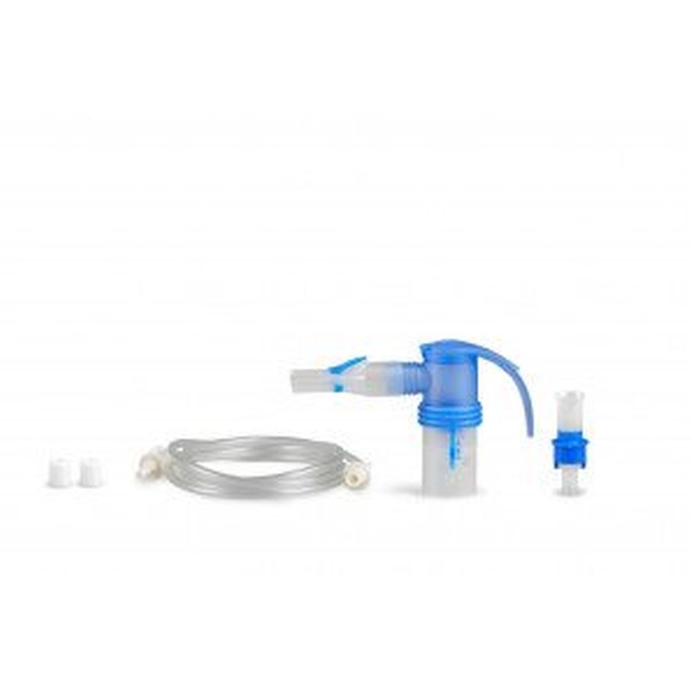 Inhalationsgerät mit Zubehör: Vernebler, Schlauch, Mundstück, Filter. Blau-weißes Kunststoffdesign.