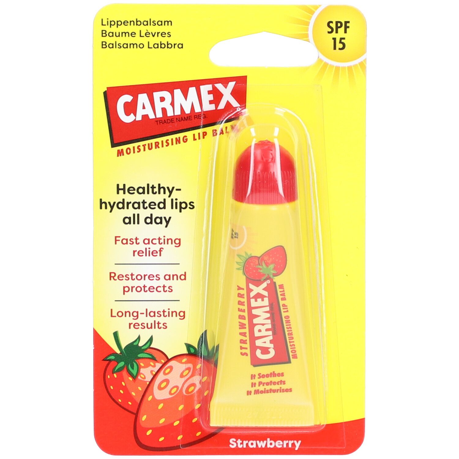 Baume à lèvres CARMEX Fraise SPF15. Tube jaune, bouchon rouge. Illustration de fraises. Inscription: "CARMEX".