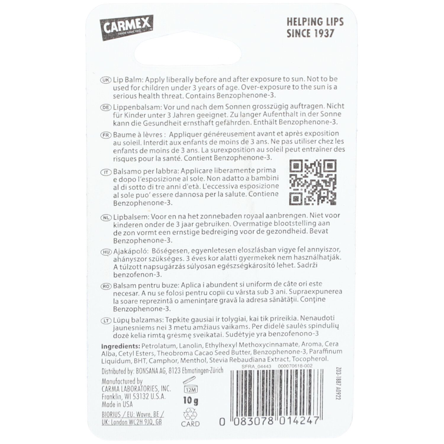Dos de l'emballage du baume à lèvres CARMEX. Texte multilingue. Code QR. Ingrédients et informations du fabricant.