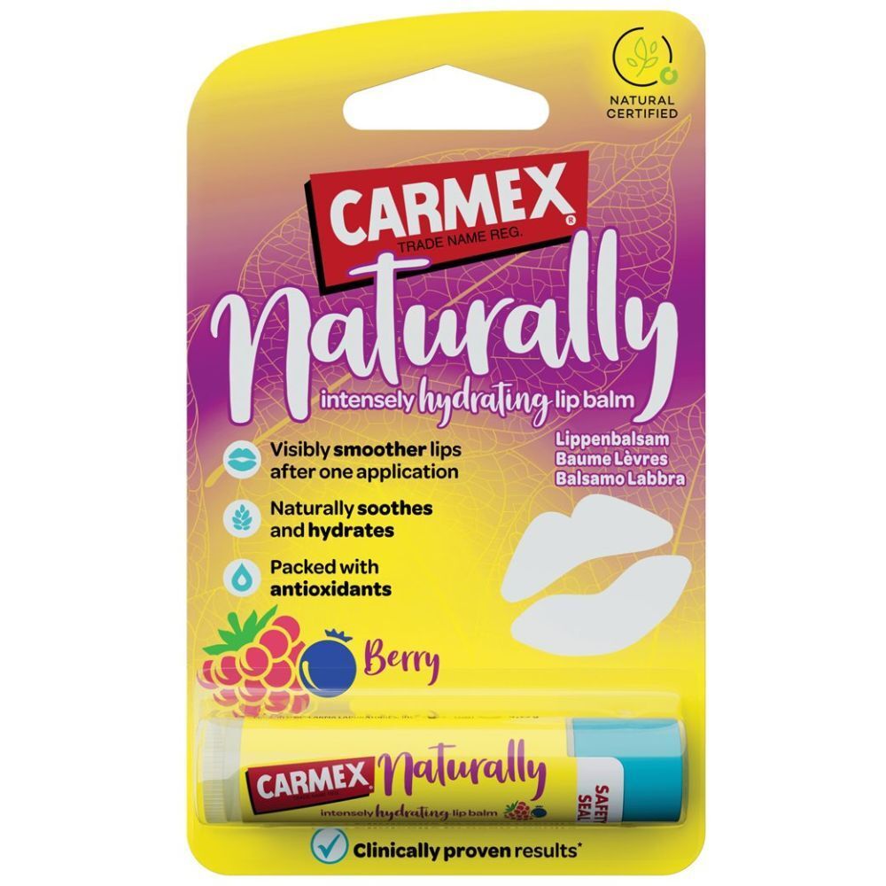 CARMEX Naturally Berry baume à lèvres en emballage. Emballage blister jaune et violet avec le produit. Nom et logo visibles.