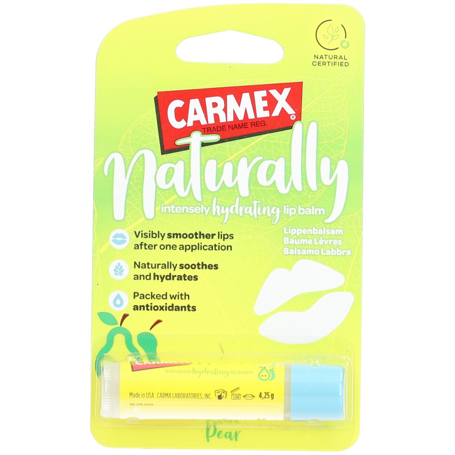 CARMEX Naturally Lippenbalsam. Gelbe Verpackung mit Lippenbalsam. "Naturally" und "CARMEX" Schriftzug. "Natural Certified" Siegel.