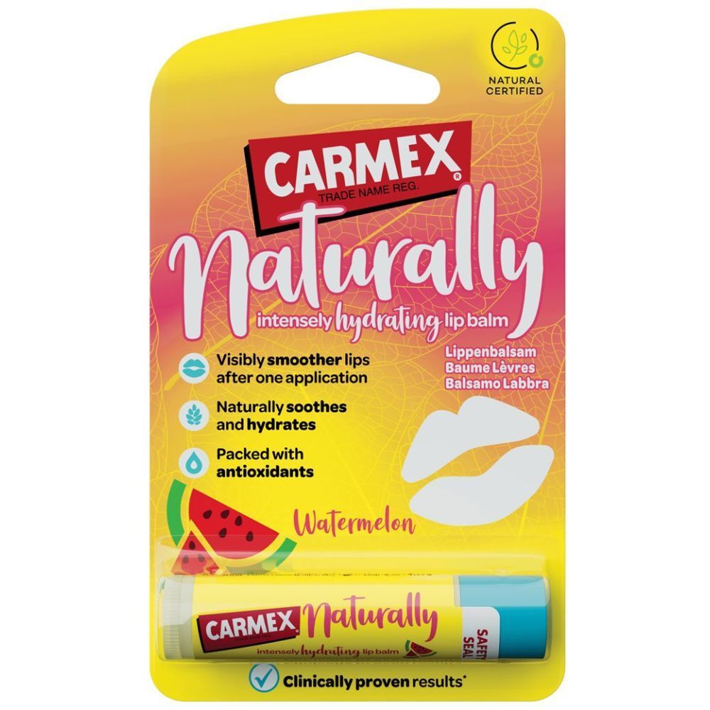 CARMEX Naturally Lippenbalsam Wassermelone. Gelbe Verpackung mit Produkt und Lippen-Illustrationen. "Naturally" und "Wassermelone" deutlich sichtbar.